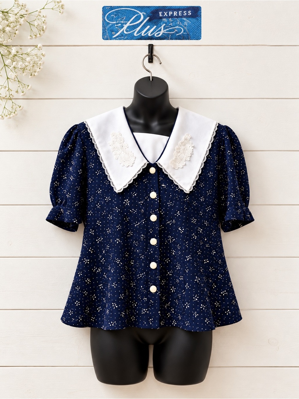 EXPRESS PLUS Navy Blue Sailor Collar Blouse White Print Size 44